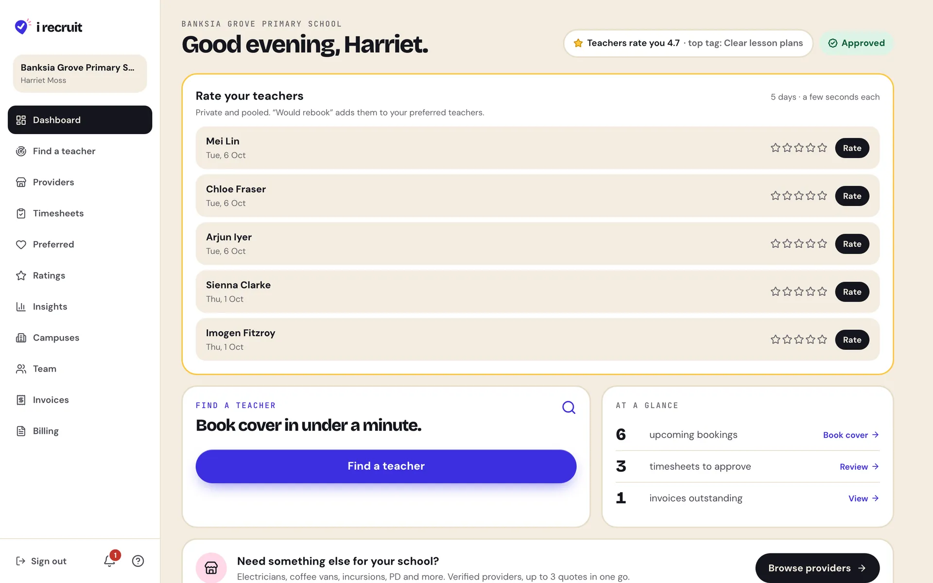 School dashboard: rate your educators, find an educator, and bookings at a glance